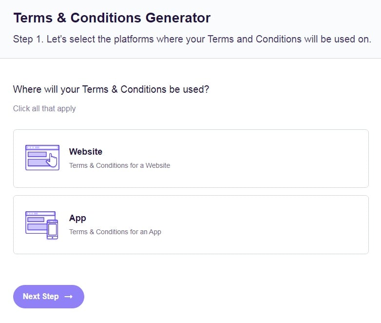 FreePrivacyPolicy: Free Terms and Conditions Generator - Select platforms where your Terms and Conditions will be used - Step 1
