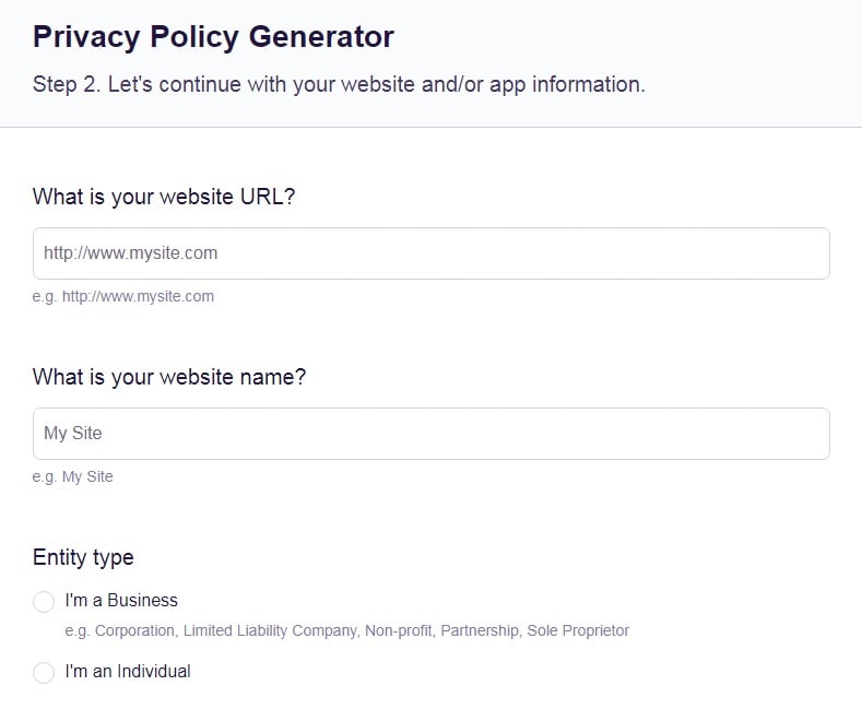 FreePrivacyPolicy: Privacy Policy Generator - Answer a few questions about your business - Step 2