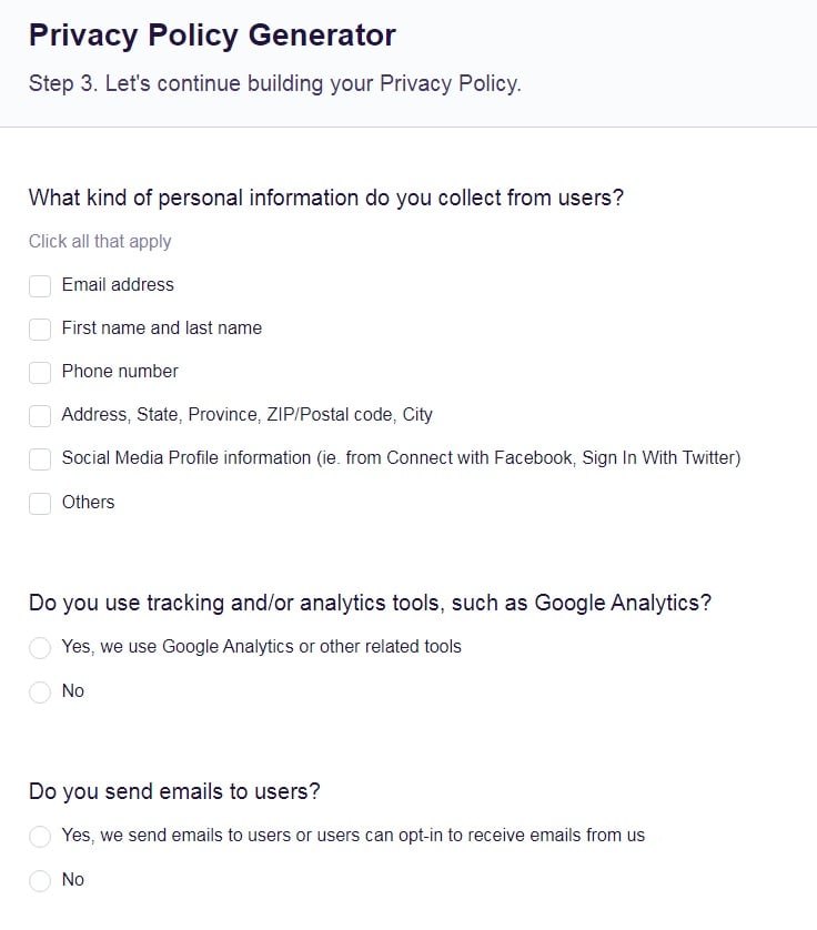 FreePrivacyPolicy: Privacy Policy Generator -  Answer on questions from our wizard - Step 3