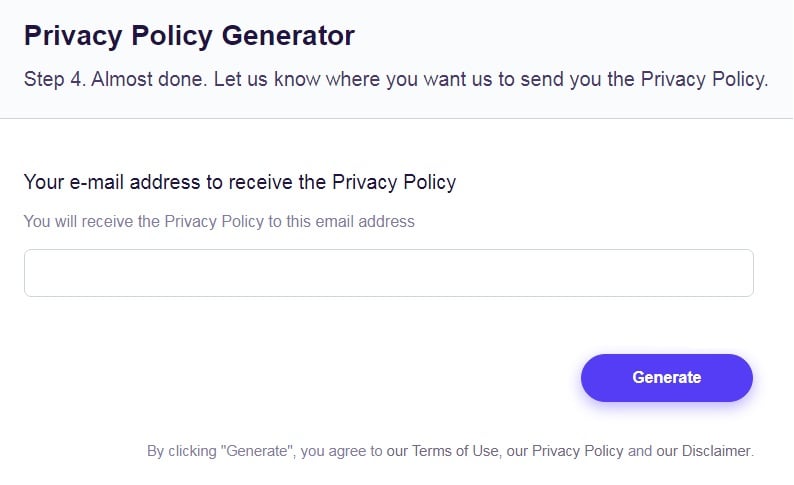 FreePrivacyPolicy: Privacy Policy Generator - Enter your email address - Step 4