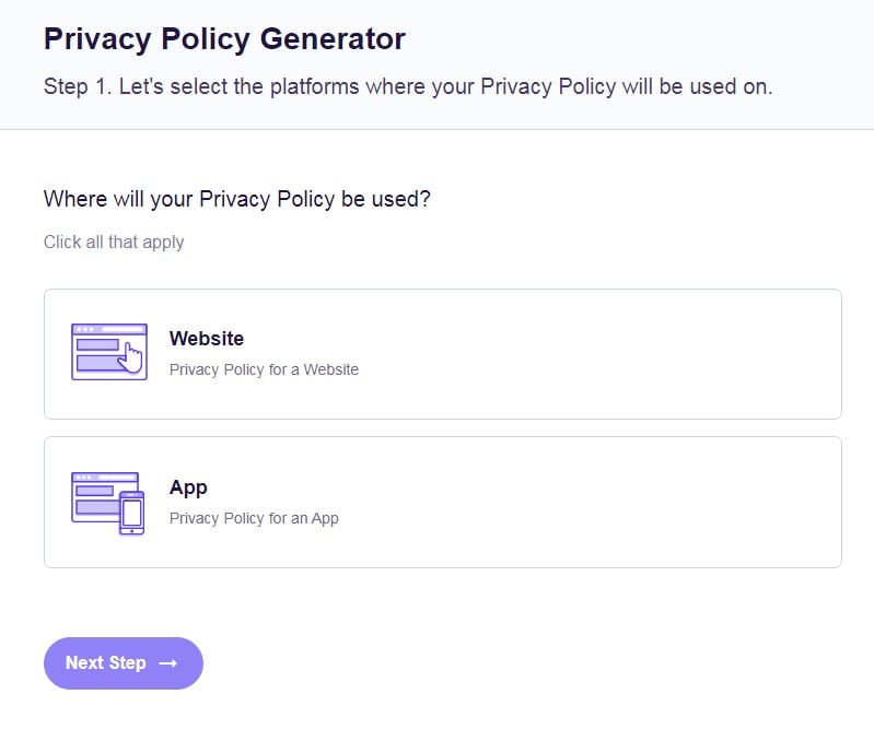 FreePrivacyPolicy: Privacy Policy Generator - Select platforms where your Privacy Policy will be used - Step 1