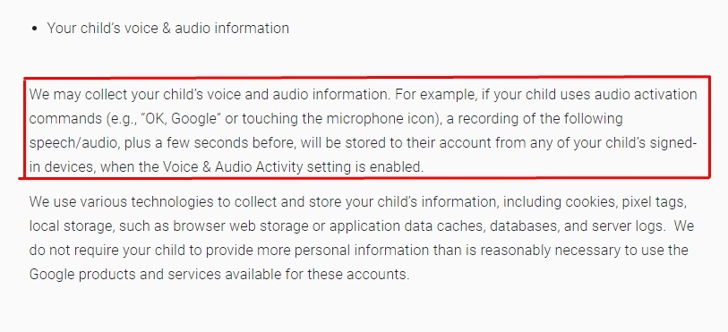 Google Privacy Notice for Google Accounts Managed with Family Link for Children Under 13: Your child's voice and audio information clause