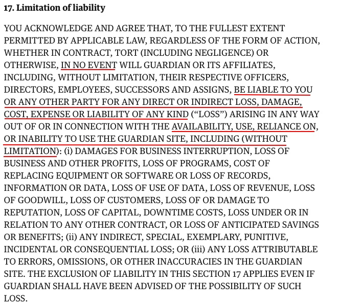 The Guardian Terms and Conditions: Limitation of Liability clause