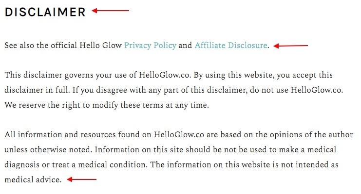 Hello Glow Disclaimer summary