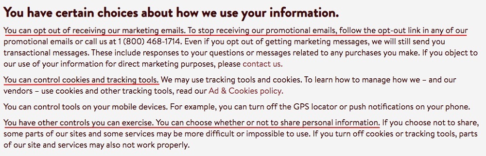 Hershey's Privacy Policy: User rights and choices clause