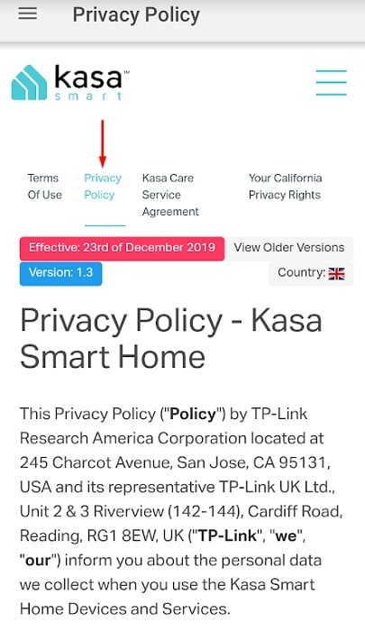 Kasa app: Screenshot of Privacy Policy