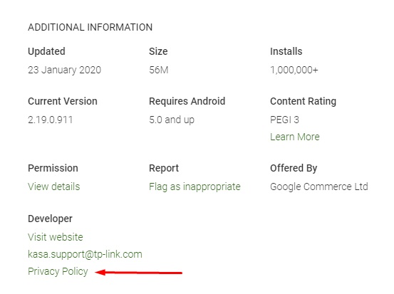 Kasa Google Play Store app listing with Privacy Policy highlighted