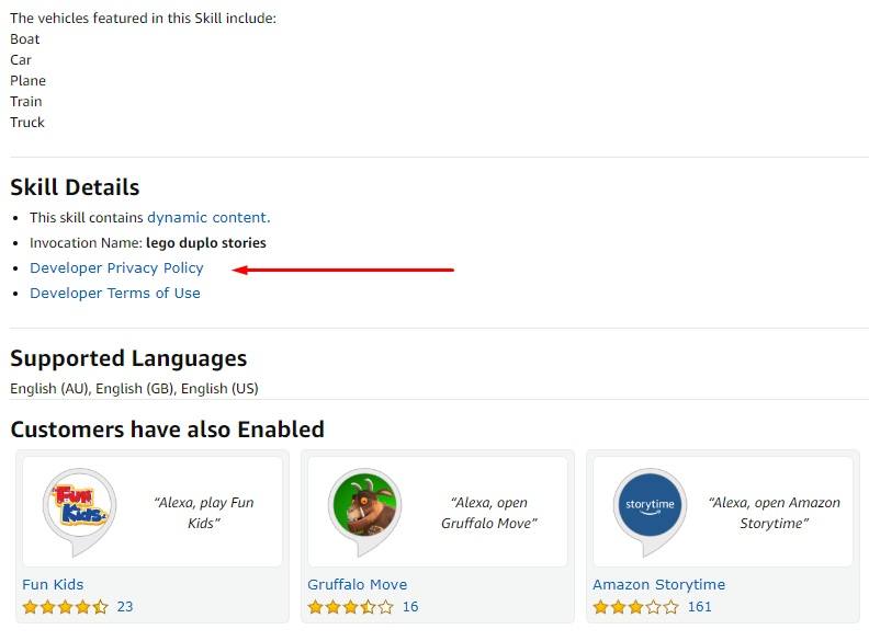 LEGO Duplo Stories Amazon Skill listing with Privacy Policy highlighted