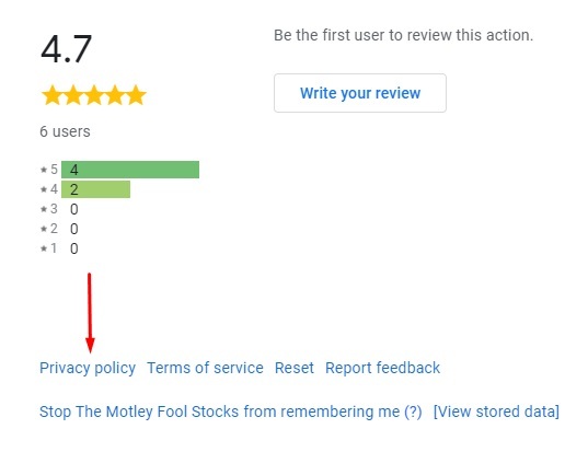 Motley Fool Stocks Google Actions listing with Privacy Policy highlighted