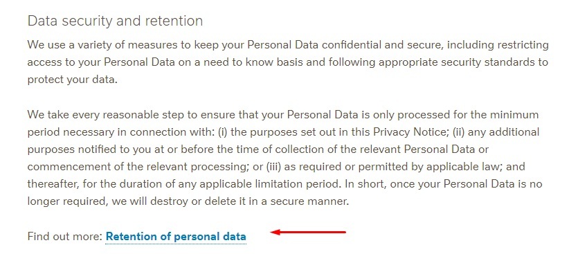 Nestle Privacy Notice: Data Security and Retention clause