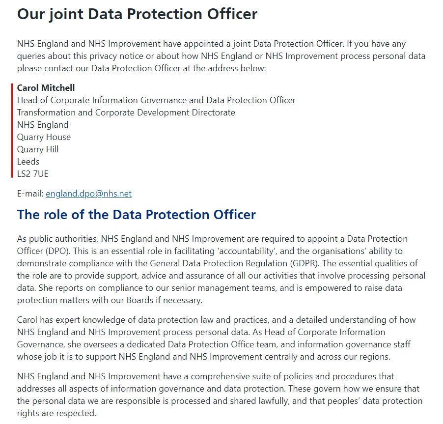 NHS England: Our Joint Data Protection Officer - Contact and role information