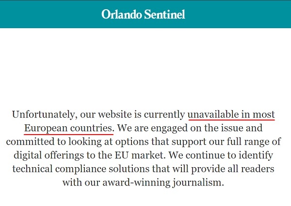 Orlando Sentinel: Notice that website is unavailable in most EU countries