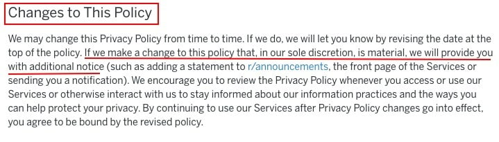 Reddit Privacy Policy: Changes to this Policy clause