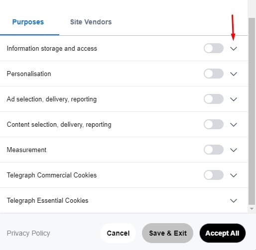 The Telegraph: Cookie consent settings with toggles