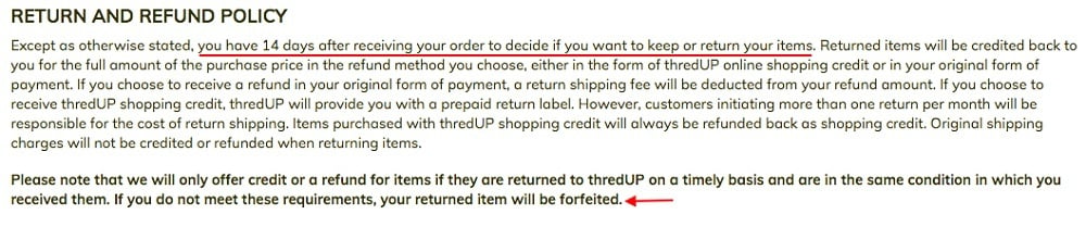 thredUP Terms of Use: Return and Refund Policy clause excerpt