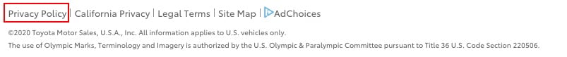 Toyota website footer with Privacy Policy highlighted