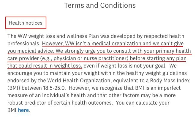 Weight Watchers Terms and Conditions: Health Notices clause excerpt