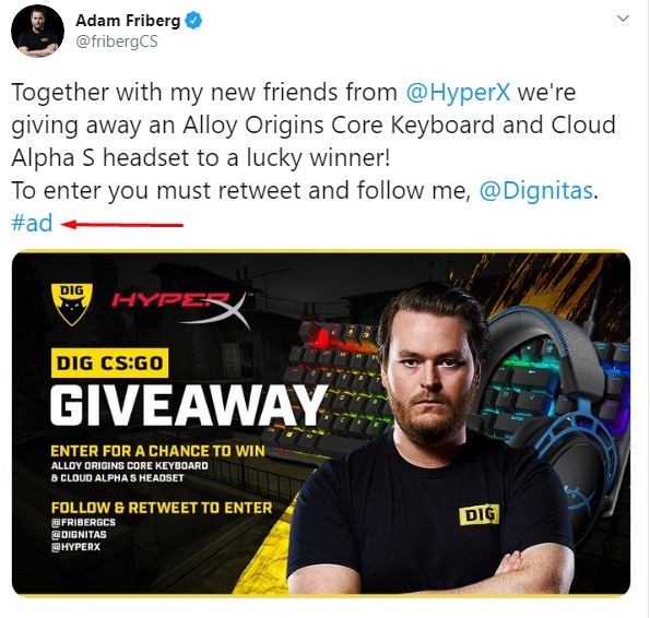 Adam Friberg Twitter post: Giveaway ad - Endorsement