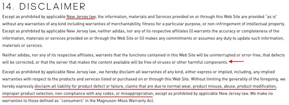 Adidas Terms and Conditions: Disclaimer clause