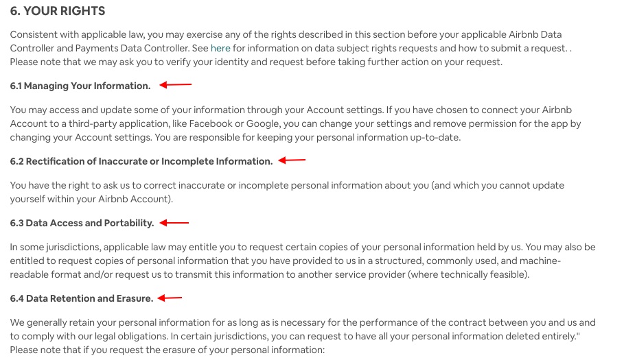 Airbnb Privacy Policy: User Rights clause