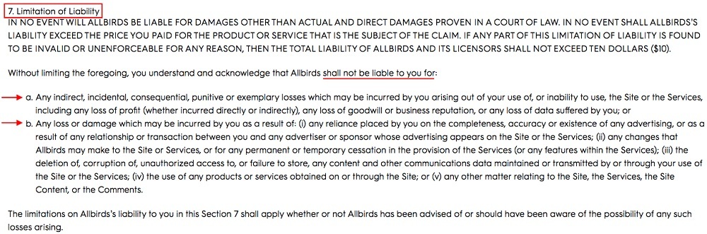 Allbirds Terms of Use: Limitation of Liability clause