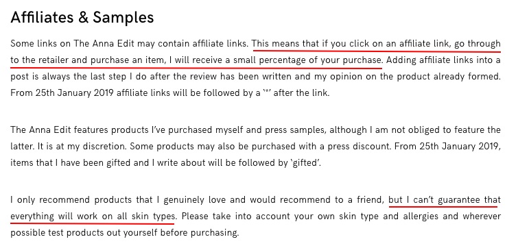 The Anna Edit: Affiliates and Samples disclaimer