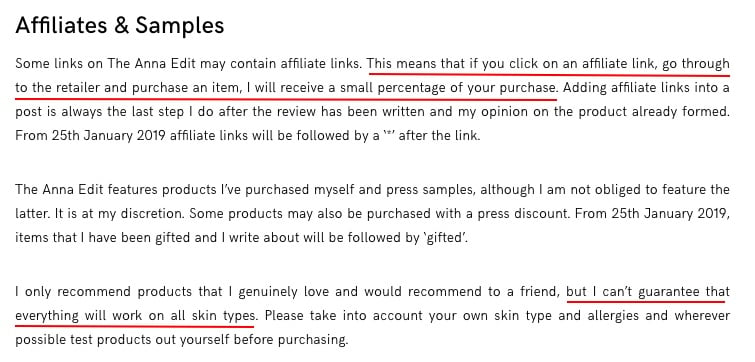 The Anna Edit: Affiliates and Samples disclaimer