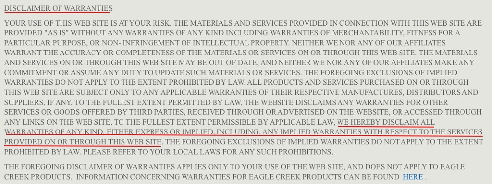 Eagle Creek Terms and Conditions: Disclaimer of Warranties clause