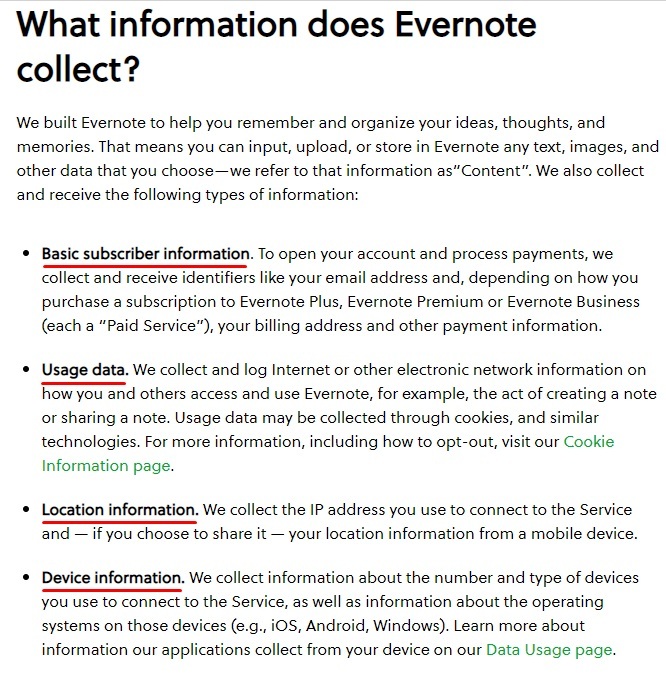 Evernote Privacy Policy: What Information Does Evernote Collect clause - Information collected list excerpt