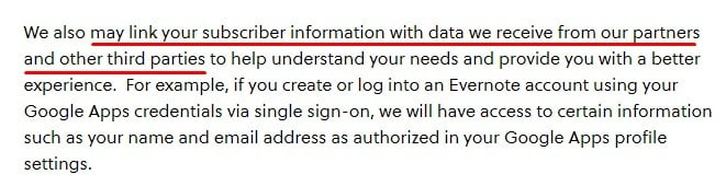 Evernote Privacy Policy: What Information Does Evernote Collect clause - Third parties excerpt