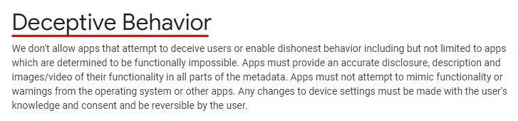 Google Play Console Help: Deceptive Behavior - Introduction section