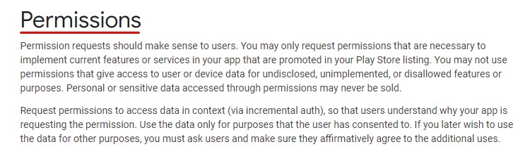 Google Play Console Help: Permissions - Introduction section