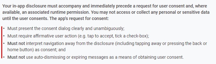 Google Play Console Help: User Data - Prominent Disclosure and Consent Requirement: Consent Requirements excerpt