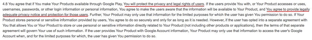 Google Play Developer Distribution Agreement: Section with requirement to protect privacy and rights and provide privacy notice