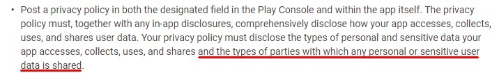 Google Play Developer Program Policy: Privacy, Deception and Device Abuse section - Personal and Sensitive Information clause - Privacy Policy and data shared excerpt