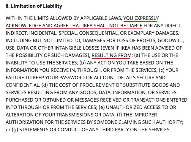 IKEA Terms and Conditions: Limitation of Liability clause