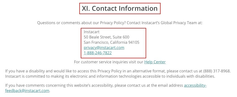 Instacart Privacy Policy: Contact Information clause