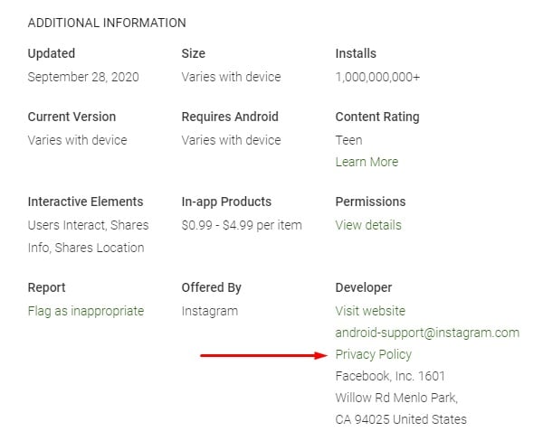Instagram app Google Play Store listing with Privacy Policy link highlighted