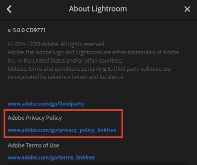 Lightroom Android app About screen with Privacy Policy link highlighted