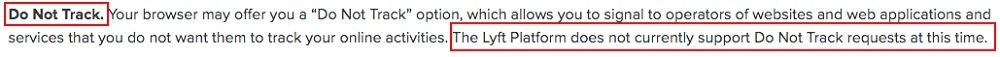 Lyft Privacy Policy: Your Rights and Choices Regarding Your Data clause - DNT section