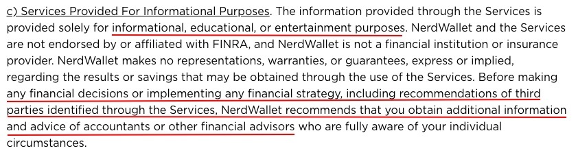 NerdWallet Terms of Use: Services Provided For Informational Purposes clause disclaimer