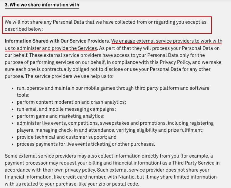 Niantic Privacy Policy: Who we share information with clause