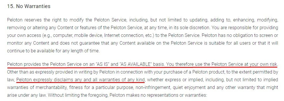 Peloton Terms of Service: No Warranties clause
