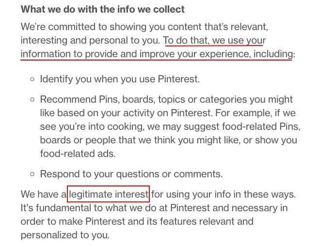 Pinterest Privacy Policy: What we do with the info we collect clause