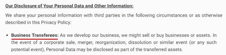 Poshmark Privacy Policy: Our Disclosure of Your Personal Data and Other Information clause - Business Transferees section