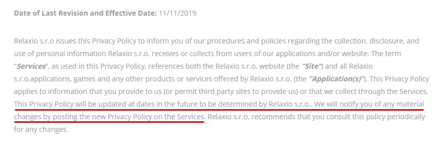 Relaxio Privacy Policy: Date of Last Revision and Effective Date - Updates clause