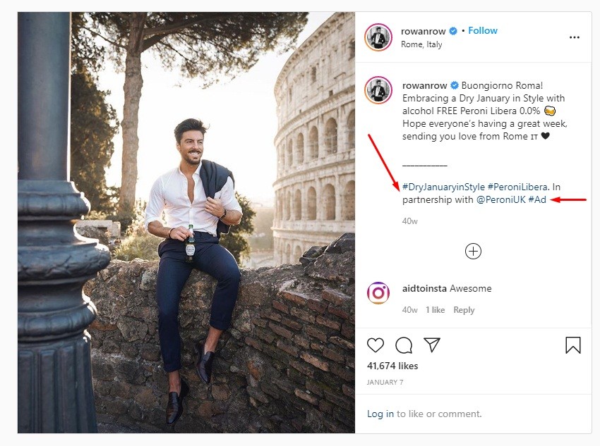 Rowan Row Instagram post of a paid partnership - Endorsement