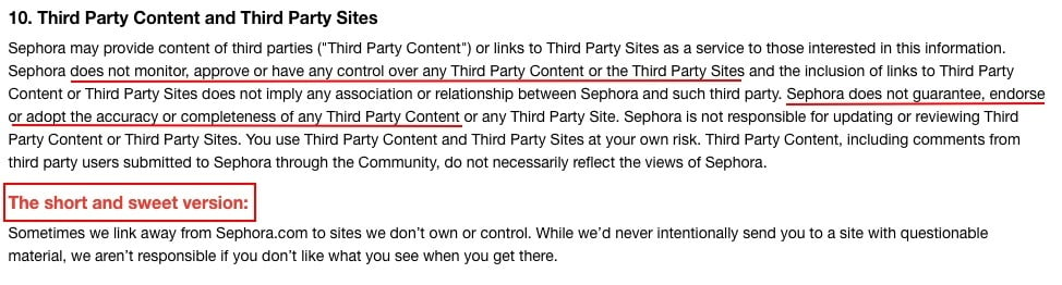 Sephora Terms of Use: Third Party Content and Third Party Sites clause