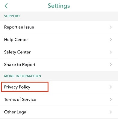 Snapchat Android app Settings menu with Privacy Policy highlighted