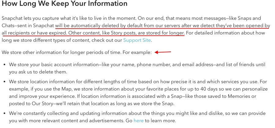 Snapchat Privacy Policy: List excerpt of How Long We Keep Your Information clause